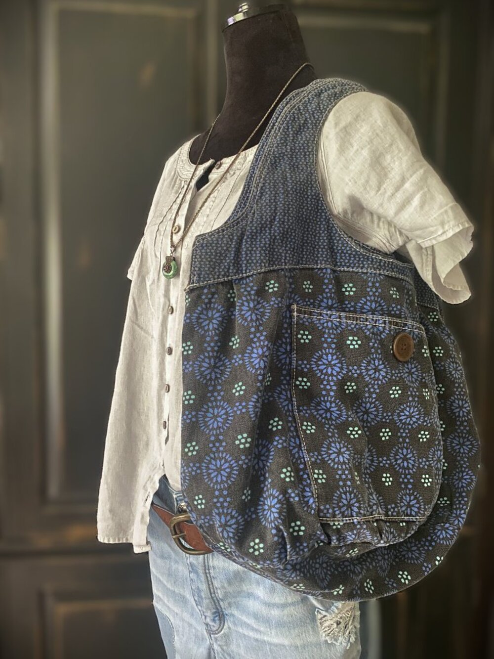 NO BRAND Shoulder Bag | Worn Bohemian Hobo Style Blue and Black Design